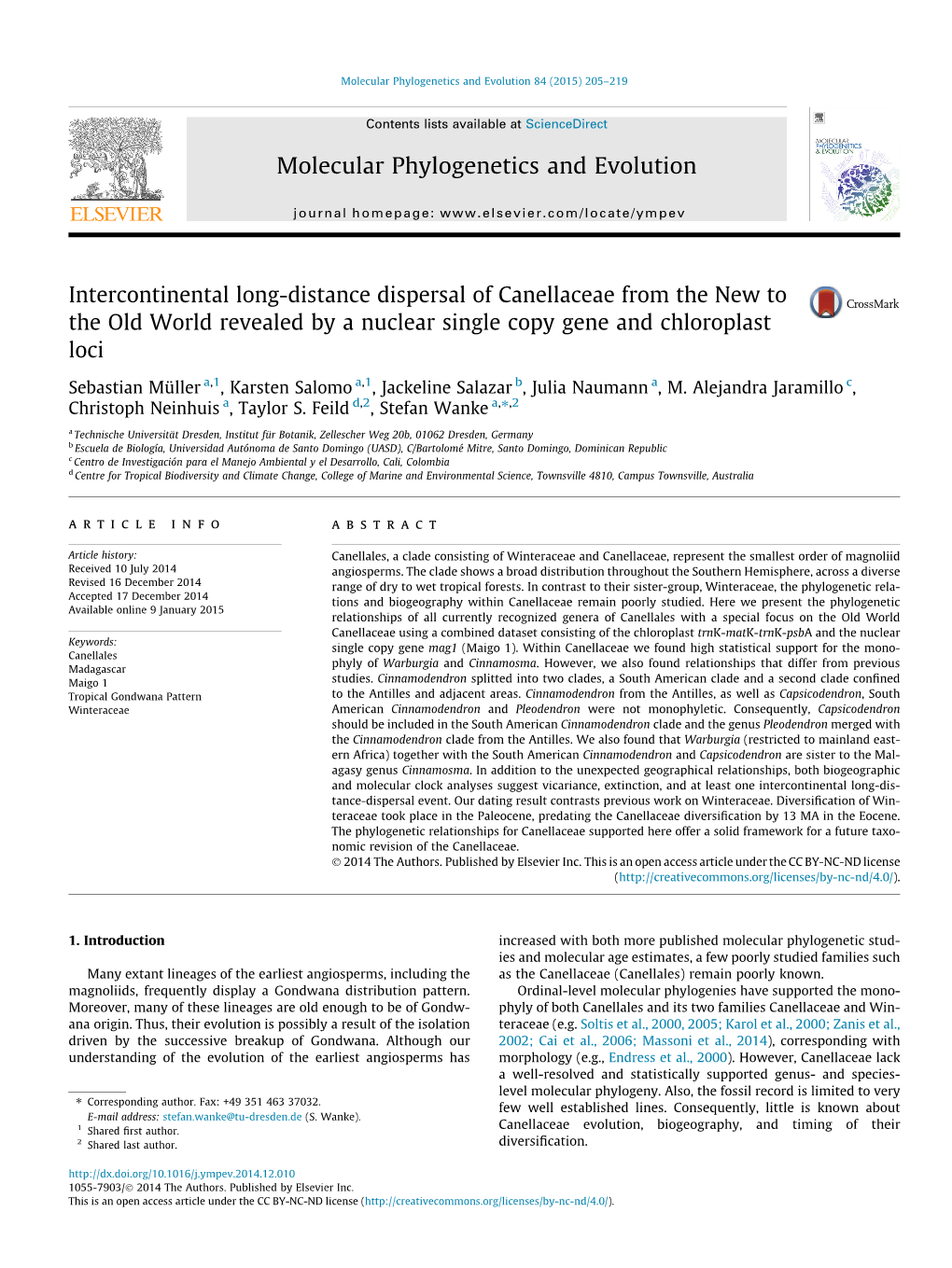 Intercontinental Long-Distance Dispersal of Canellaceae from the New to the Old World Revealed by a Nuclear Single Copy Gene and Chloroplast Loci