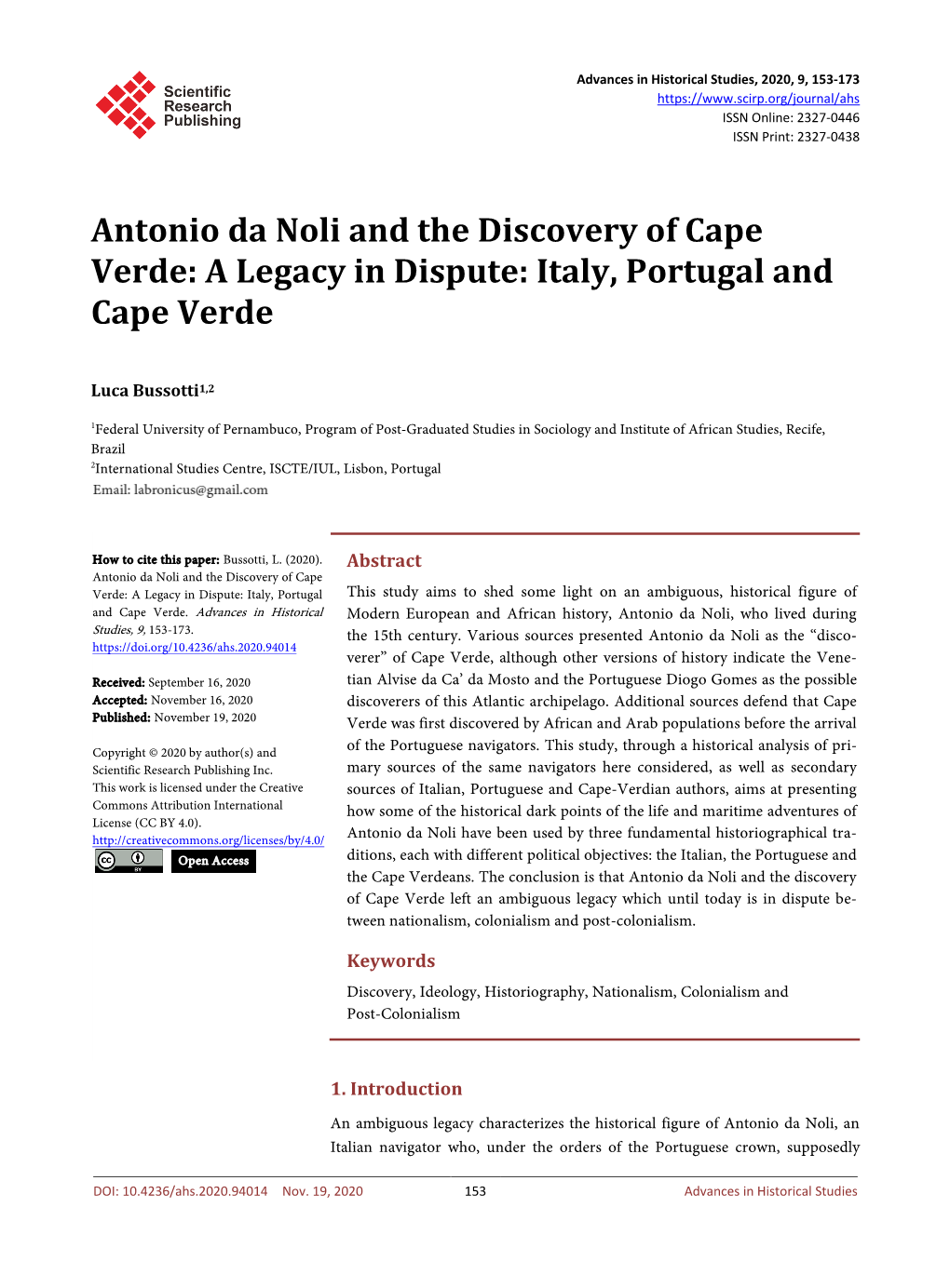 Antonio Da Noli and the Discovery of Cape Verde: a Legacy in Dispute: Italy, Portugal and Cape Verde