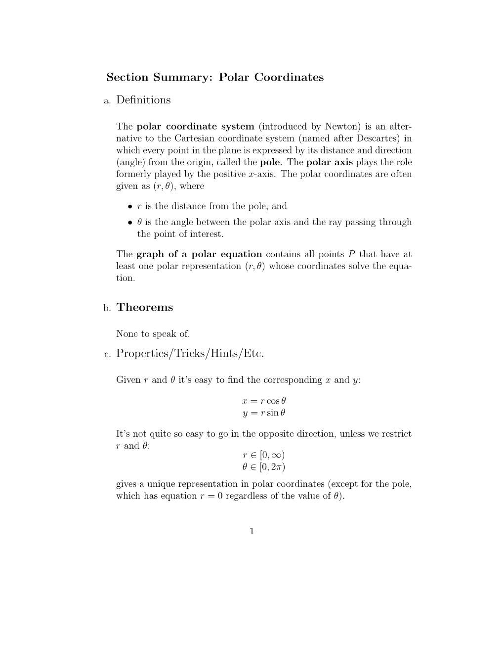 Section Summary: Polar Coordinates A. Definitions B. Theorems C