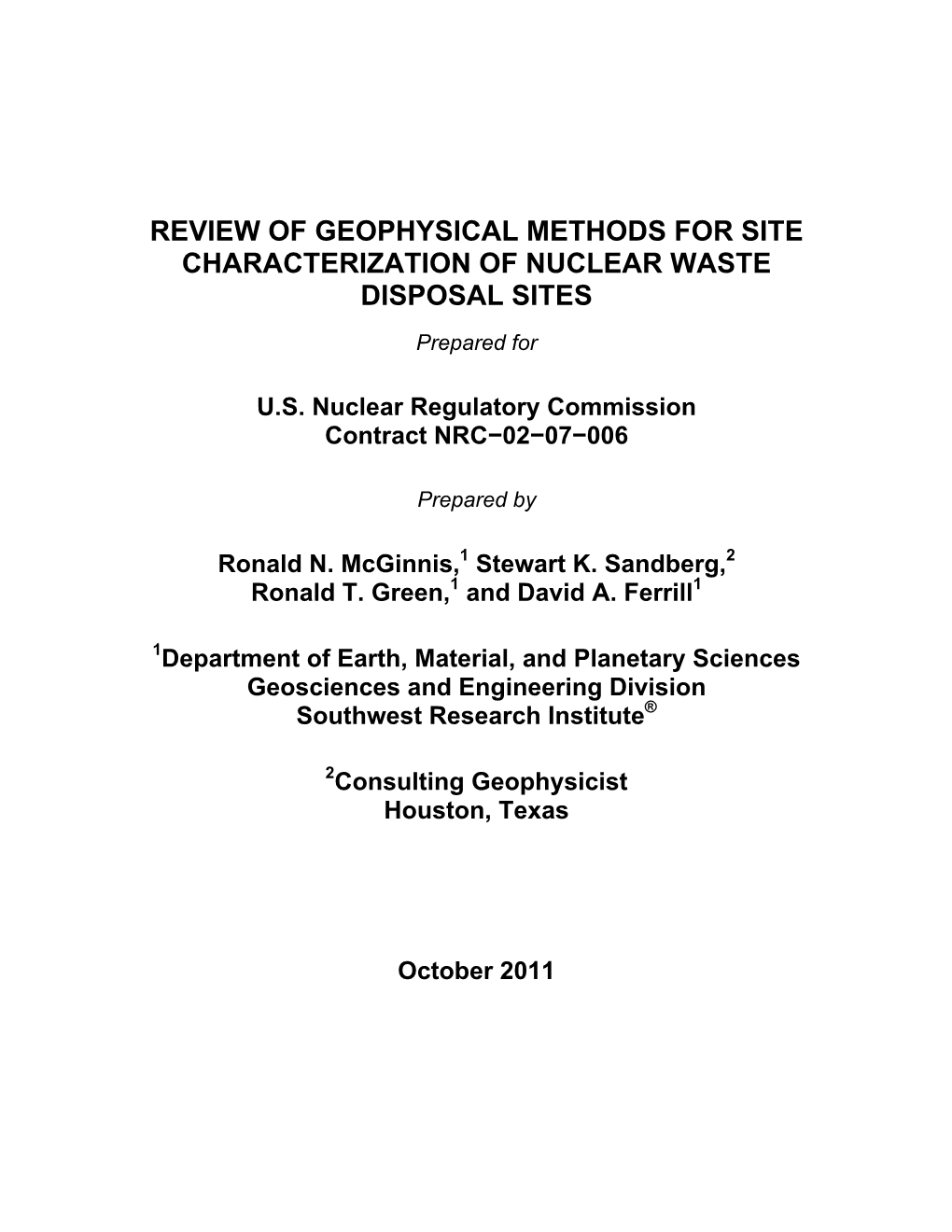 Review of Geophysical Methods for Site Characterization of Nuclear Waste Disposal Sites