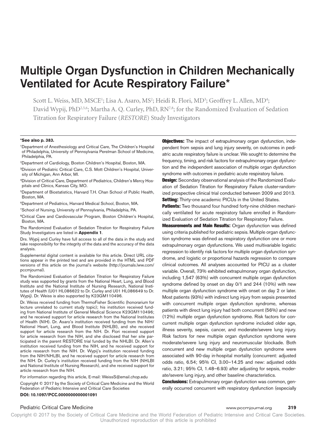 Multiple Organ Dysfunction in Children Mechanically Ventilated