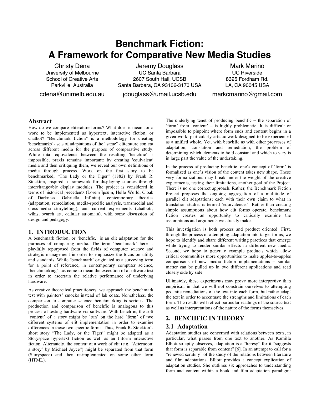 Benchmark Fiction: a Framework for Comparative New Media Studies