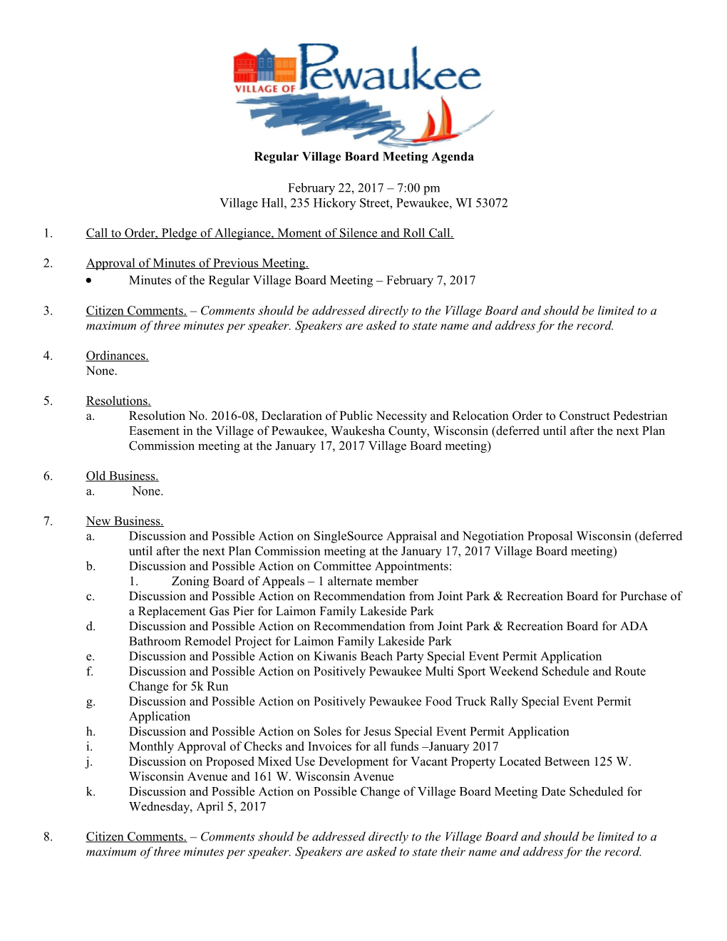 Regular Village Board Meeting Agenda