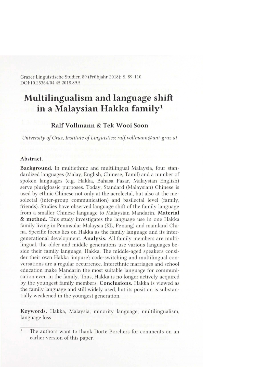 Multilingualism and Language Shift in a Malaysian Hakka Familiy