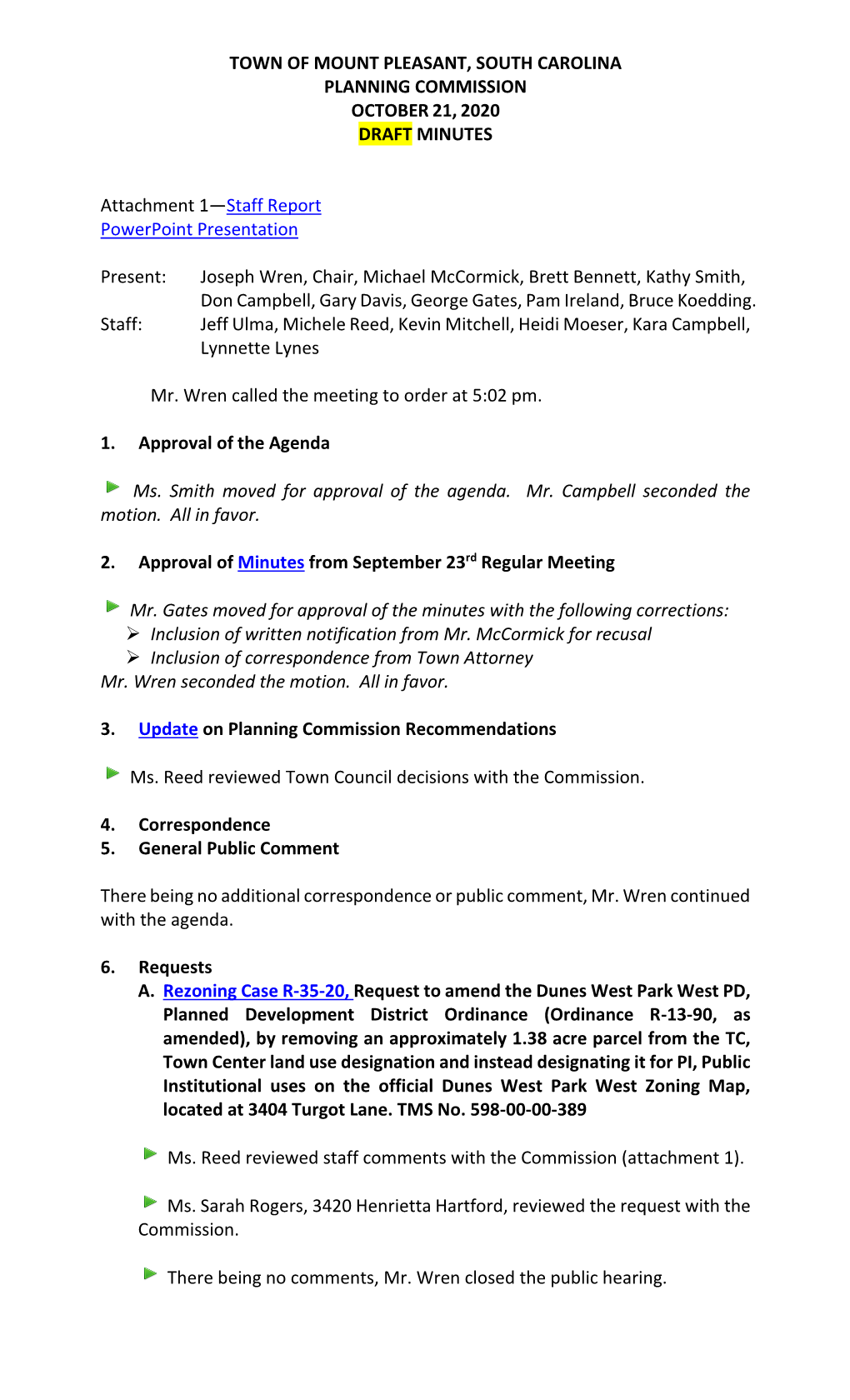 Town of Mount Pleasant, South Carolina Planning Commission October 21, 2020 Draft Minutes