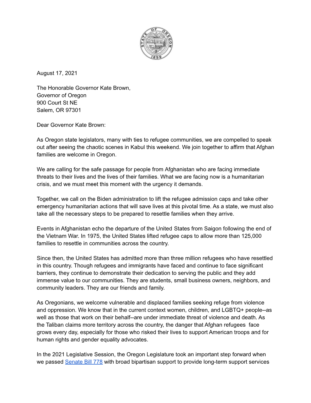 Legislator Letter of Support: Oregon Welcomes Refugees