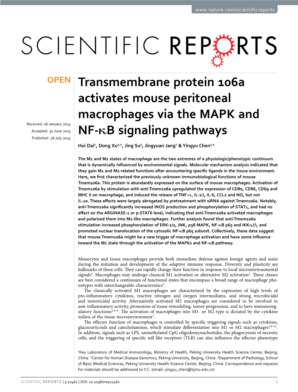 Transmembrane Protein 106A Activates Mouse Peritoneal Macrophages Via the MAPK and NF-Κb Signaling Pathways
