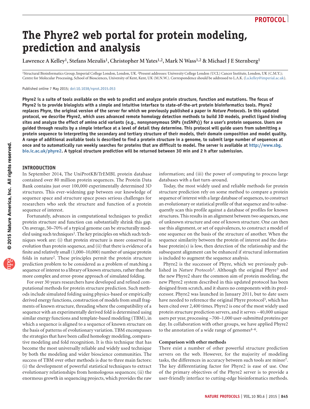 The Phyre2 Web Portal for Protein Modeling, Prediction and Analysis