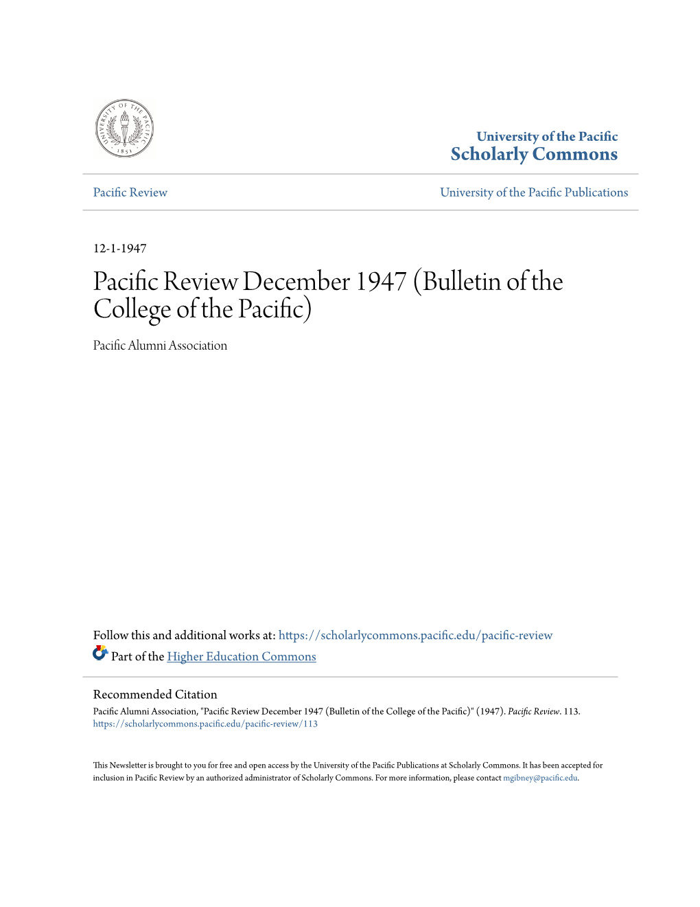 Pacific Review December 1947 (Bulletin of the College of the Pacific) Pacific Alumni Association
