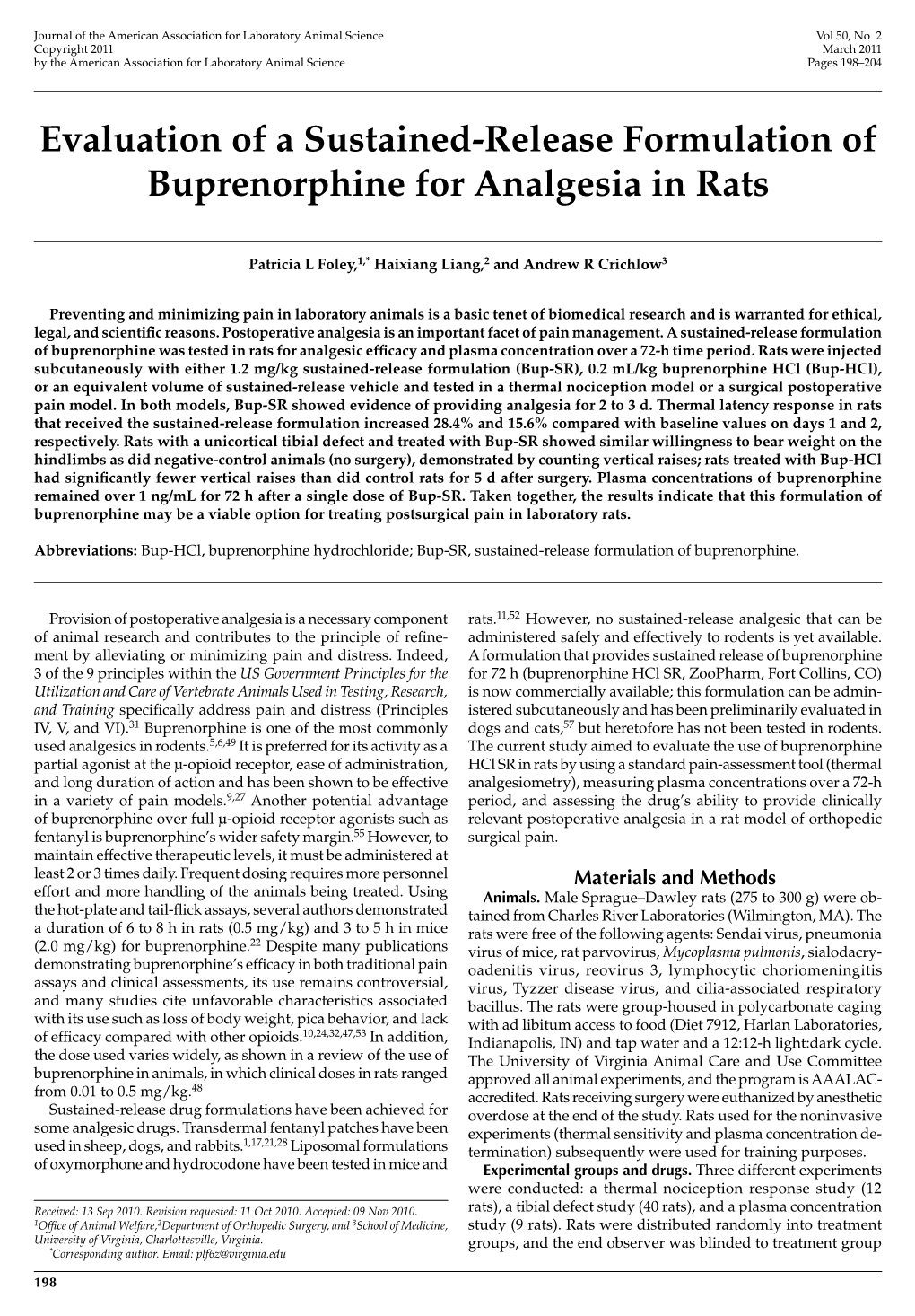 Evaluation of a Sustained-Release Formulation of Buprenorphine for Analgesia in Rats