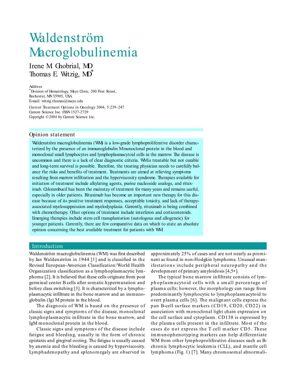 Waldenström Macroglobulinemia Irene M