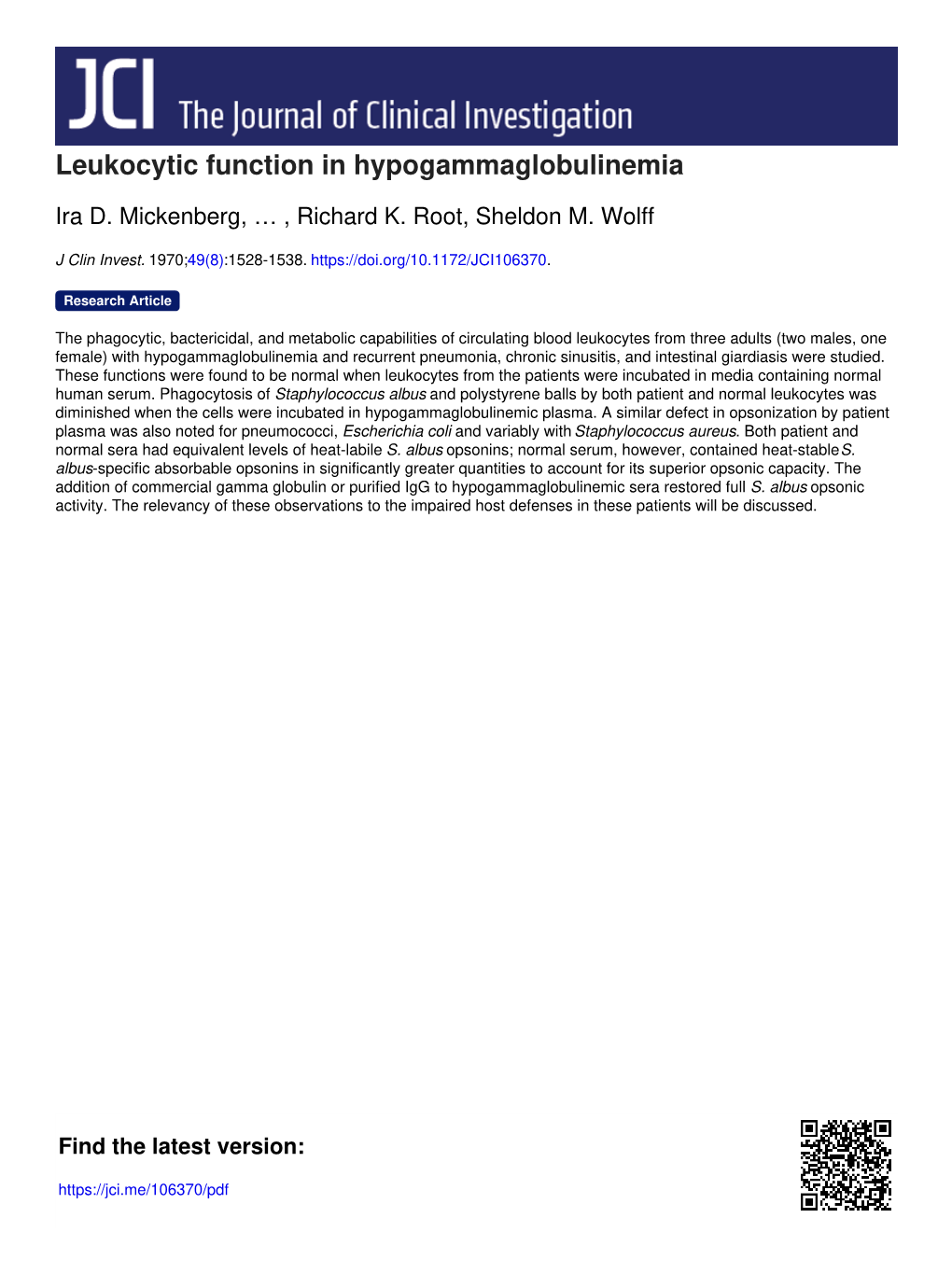 Leukocytic Function in Hypogammaglobulinemia