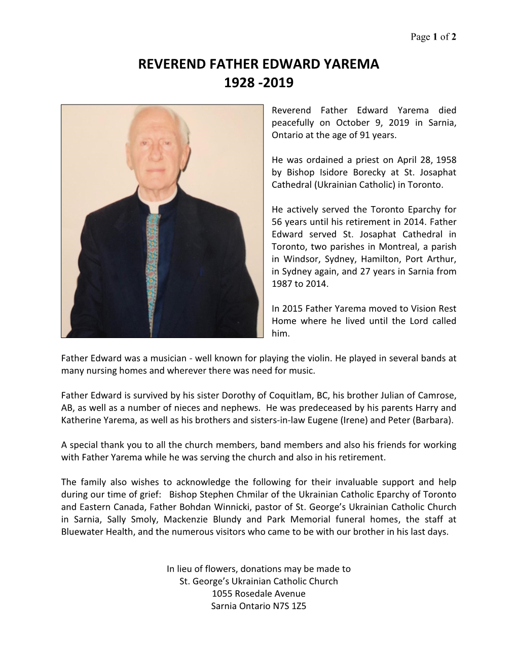 Reverend Father Edward Yarema 1928 -2019