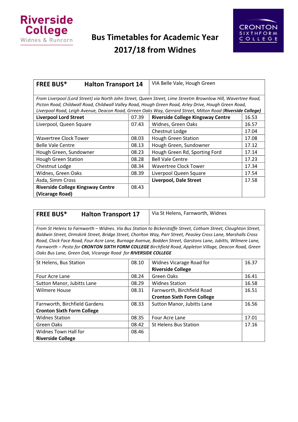 Bus Timetables for Academic Year 2017/18 from Widnes