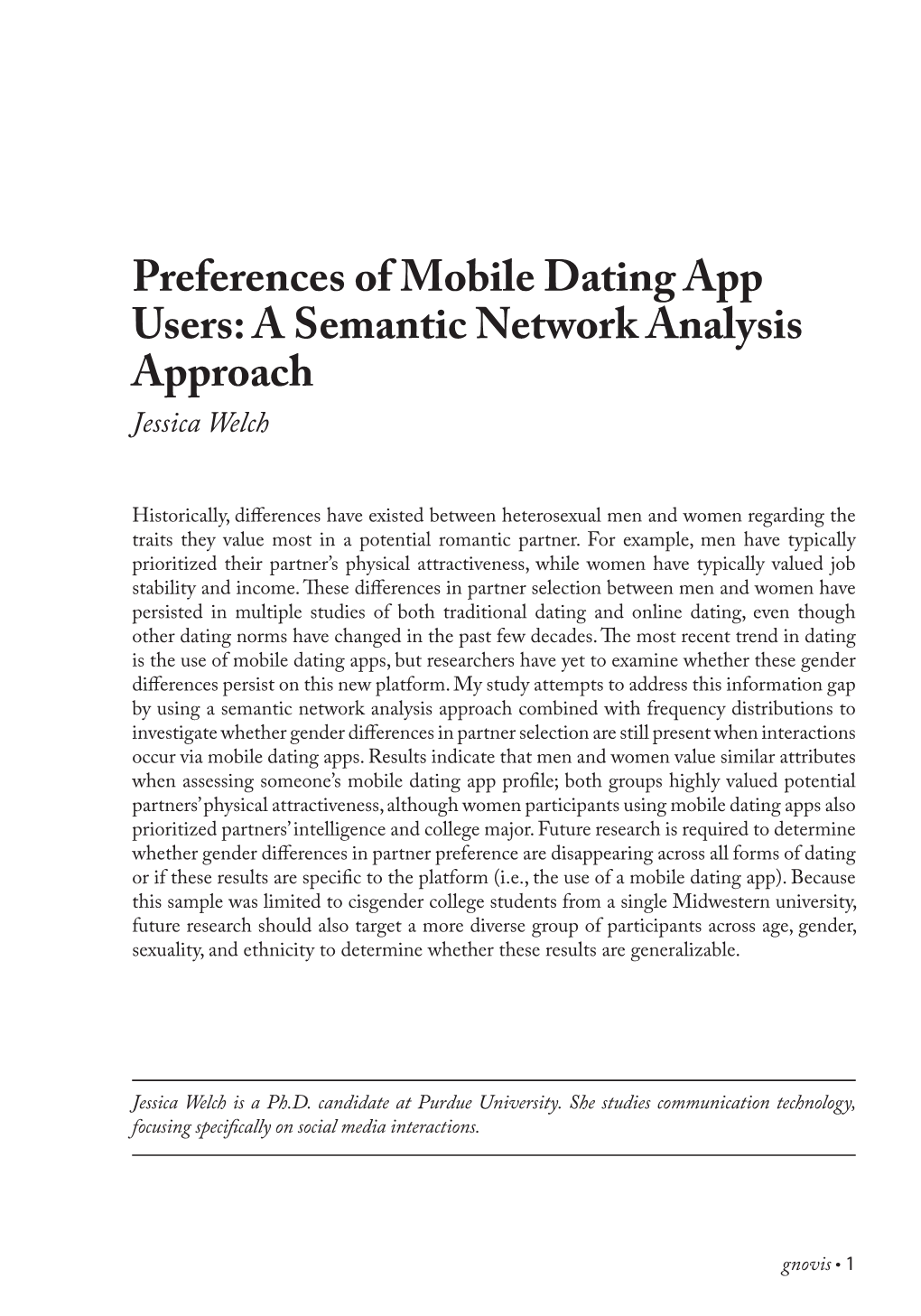 Preferences of Mobile Dating App Users: a Semantic Network Analysis Approach Jessica Welch