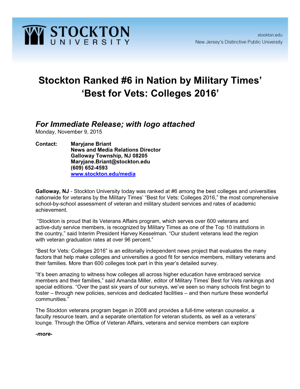 Stockton Ranked #6 in Nation by Military Times' 'Best for Vets