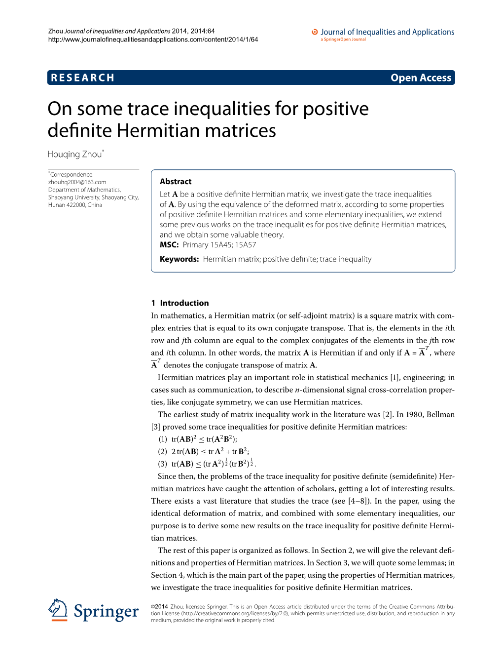 On Some Trace Inequalities for Positive Definite Hermitian Matrices