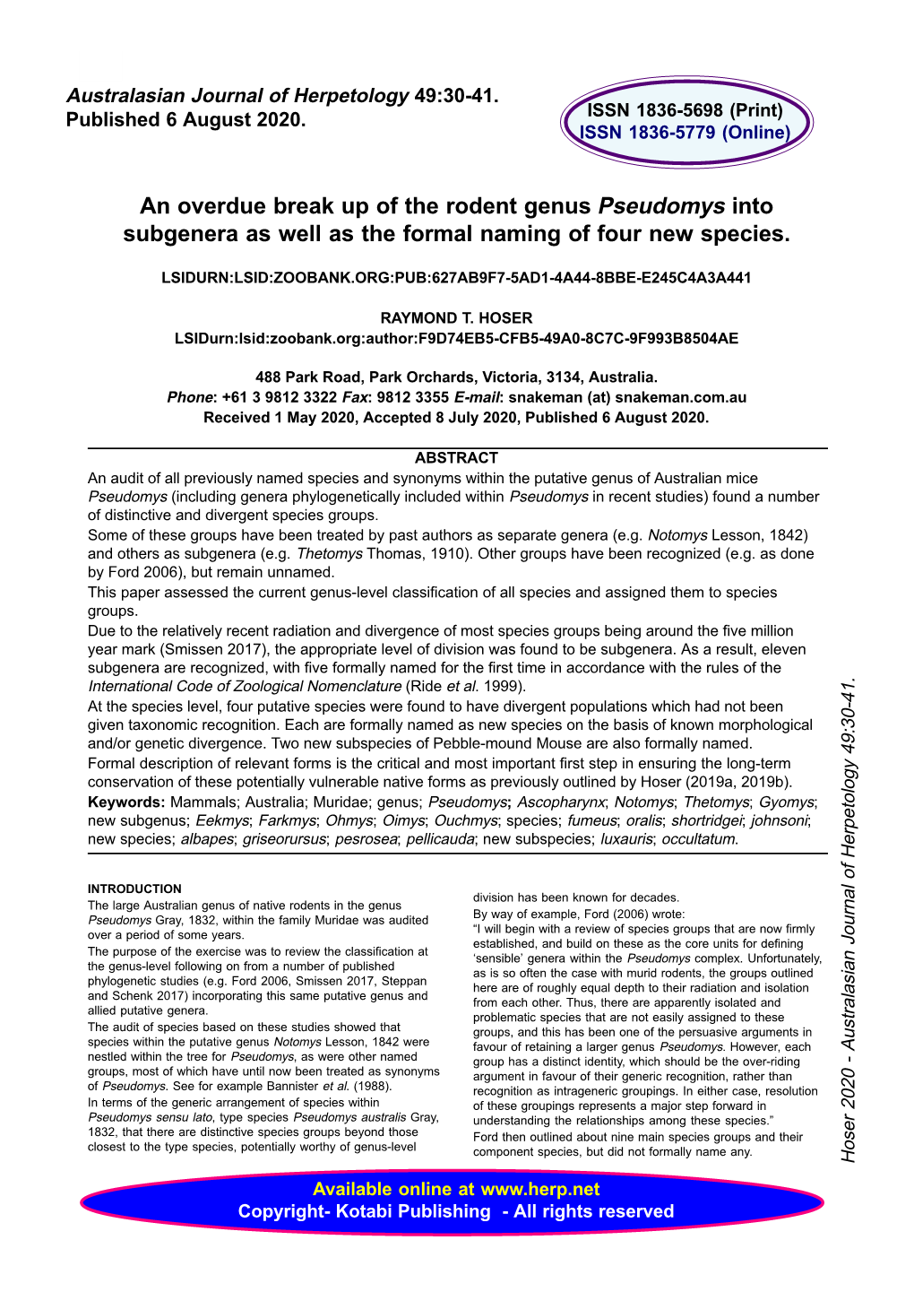 An Overdue Break up of the Rodent Genus Pseudomys Into Subgenera As Well As the Formal Naming of Four New Species