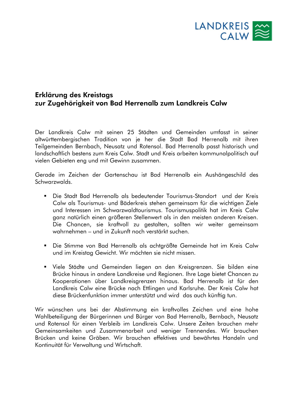 Erklärung Des Kreistags Zur Zugehörigkeit Von Bad Herrenalb Zum Landkreis Calw