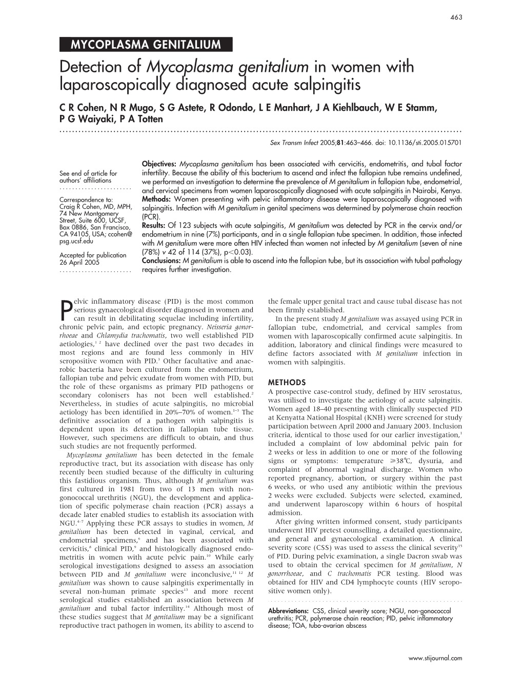 Detection of Mycoplasma Genitalium in Women with Laparoscopically