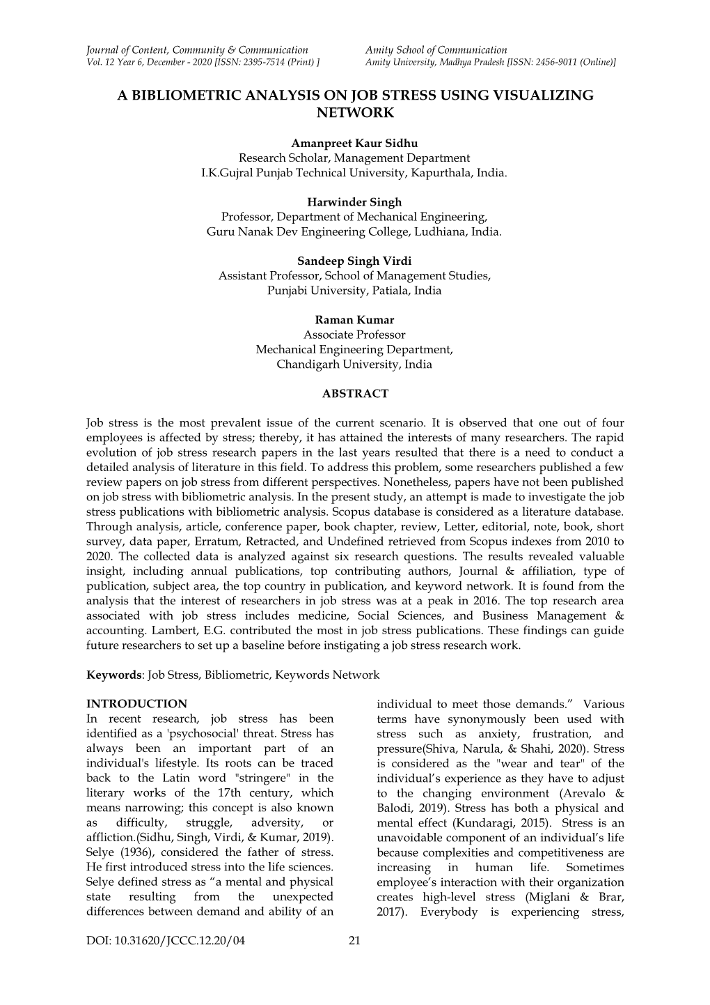 A Bibliometric Analysis on Job Stress Using Visualizing Network