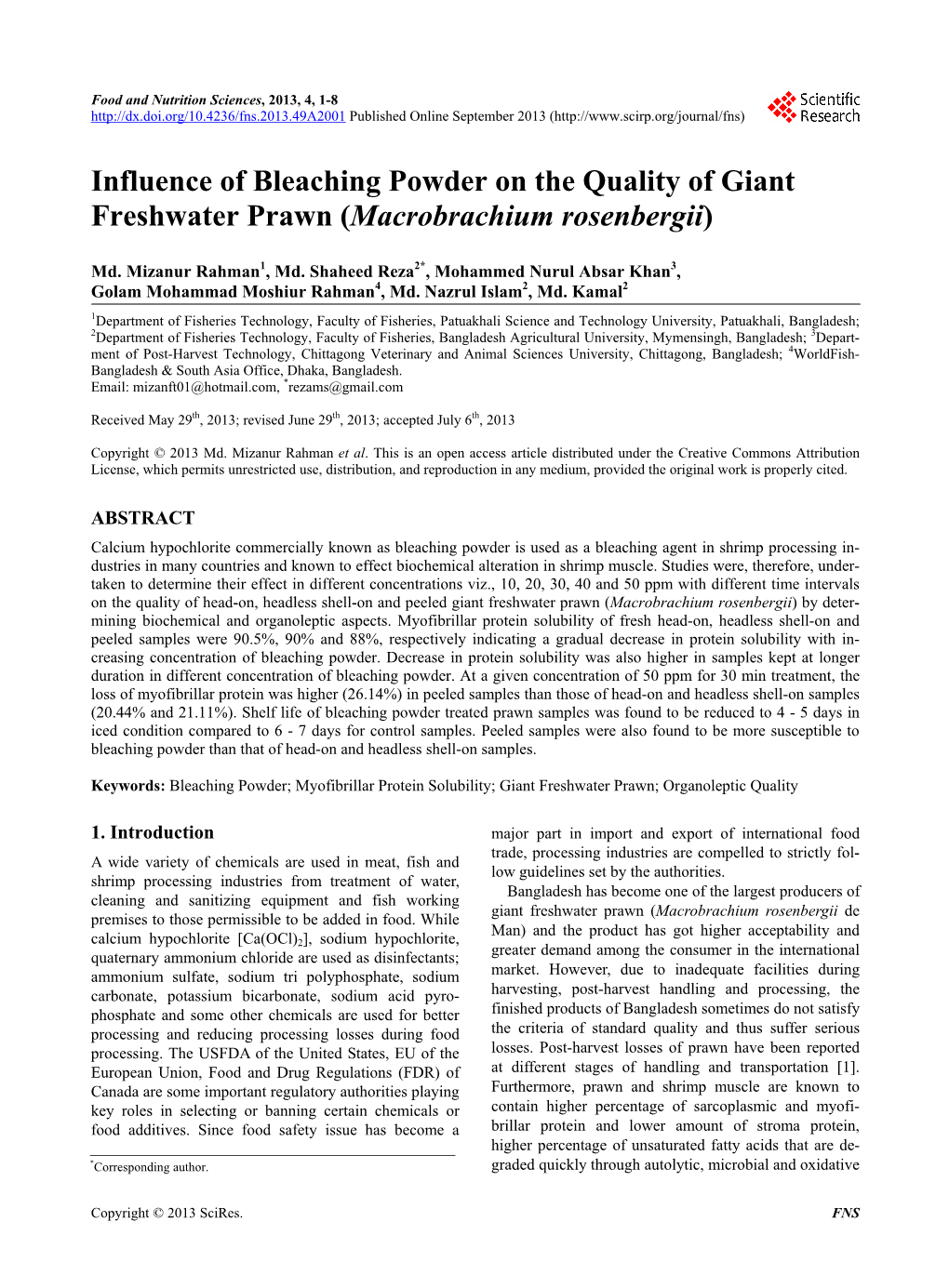 Influence of Bleaching Powder on the Quality of Giant Freshwater Prawn (Macrobrachium Rosenbergii)