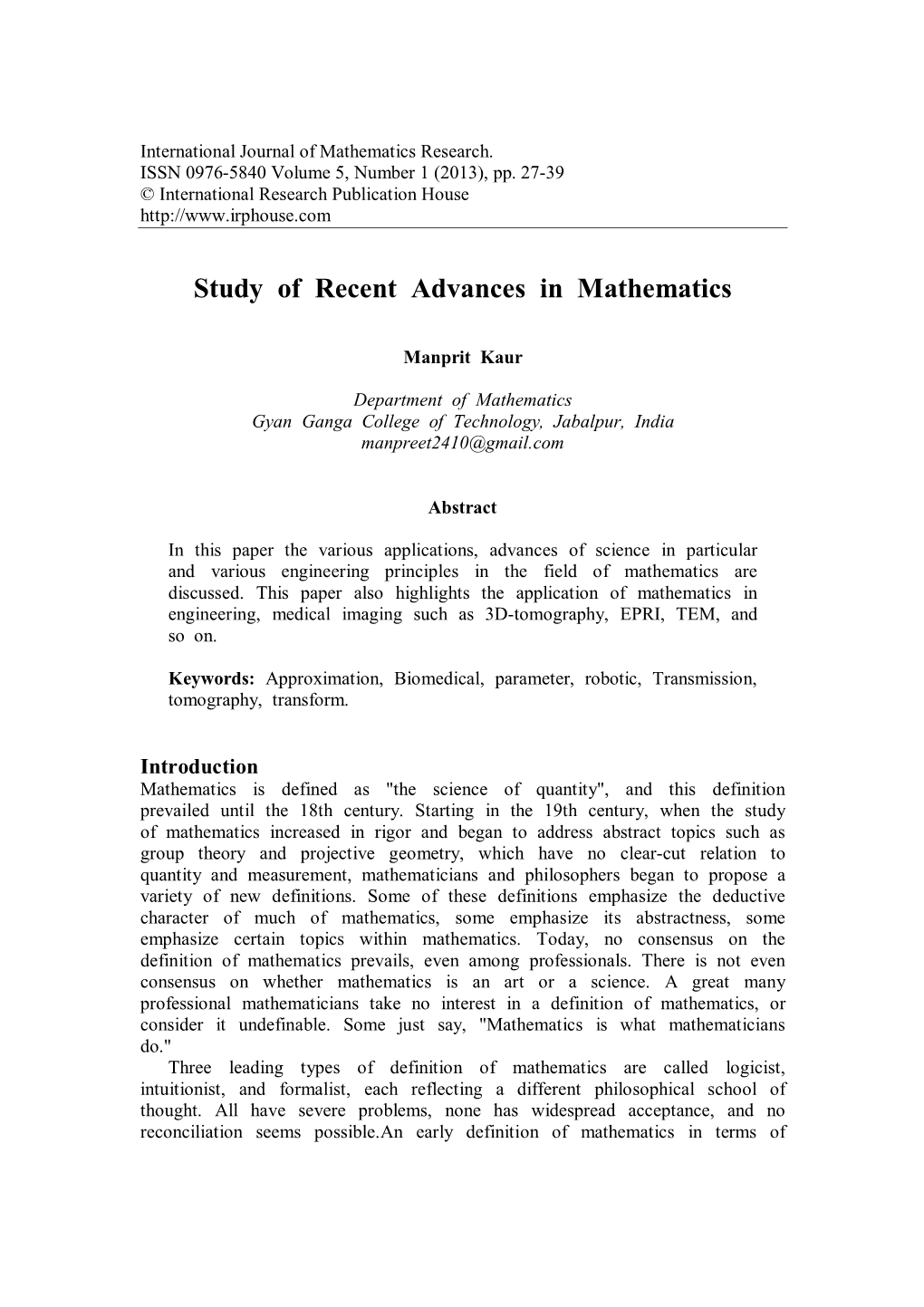 Study of Recent Advances in Mathematics