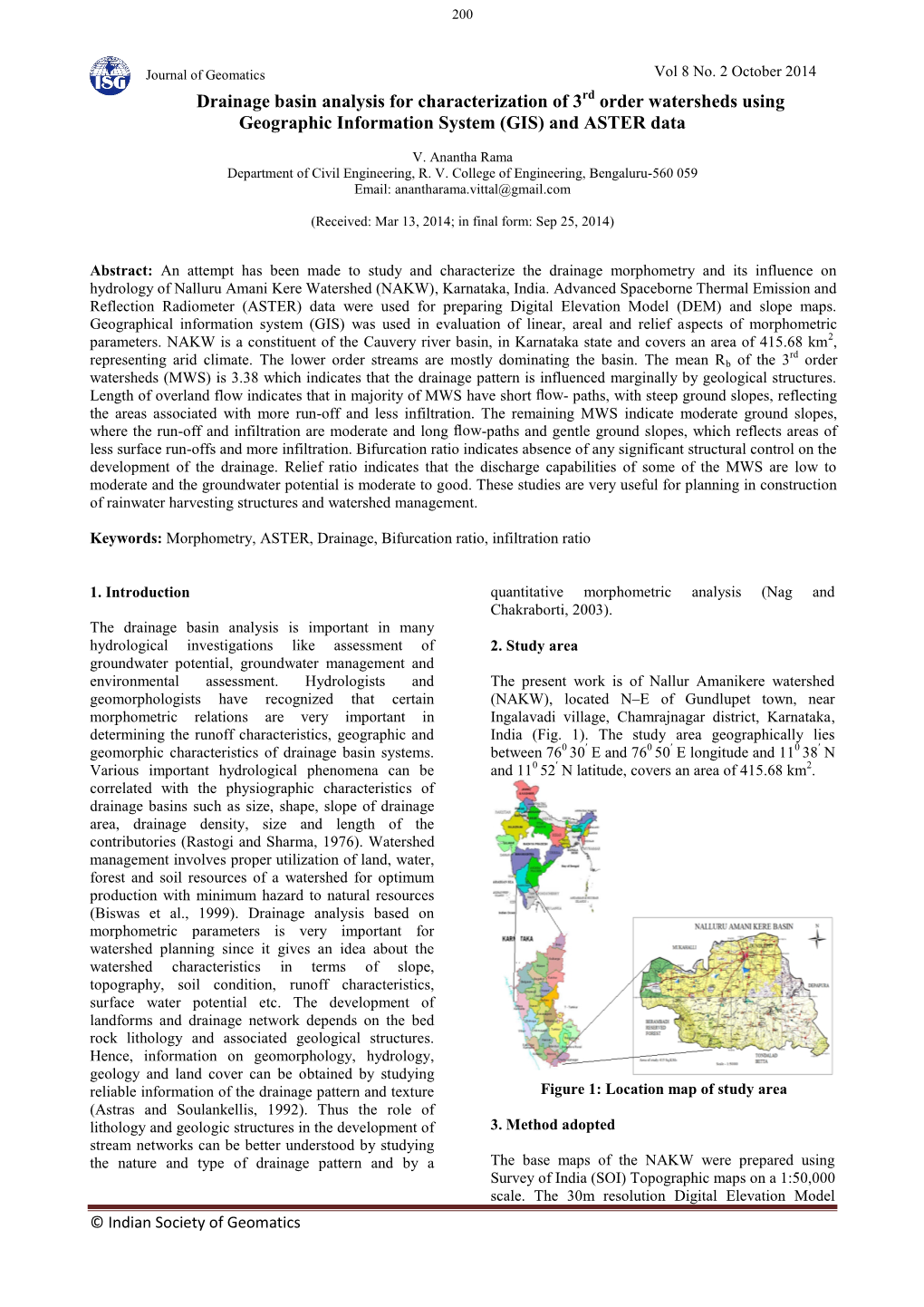 Drainage Basin Analysis for Characterization of 3 Rd Order Watersheds Using Geographic Information System