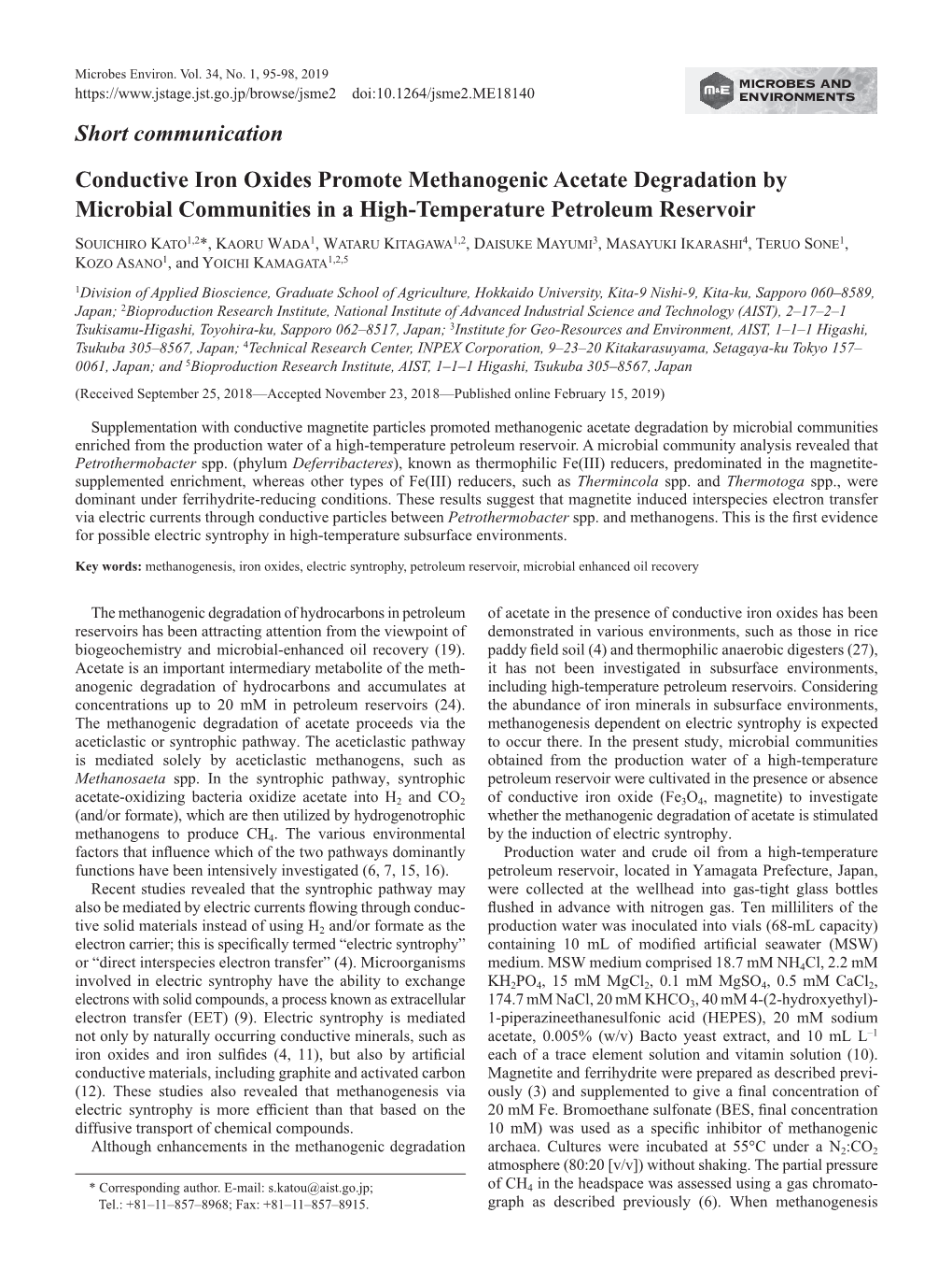 Short Communication Conductive Iron Oxides Promote Methanogenic Acetate Degradation by Microbial Communities in a High-Temperature Petroleum Reservoir