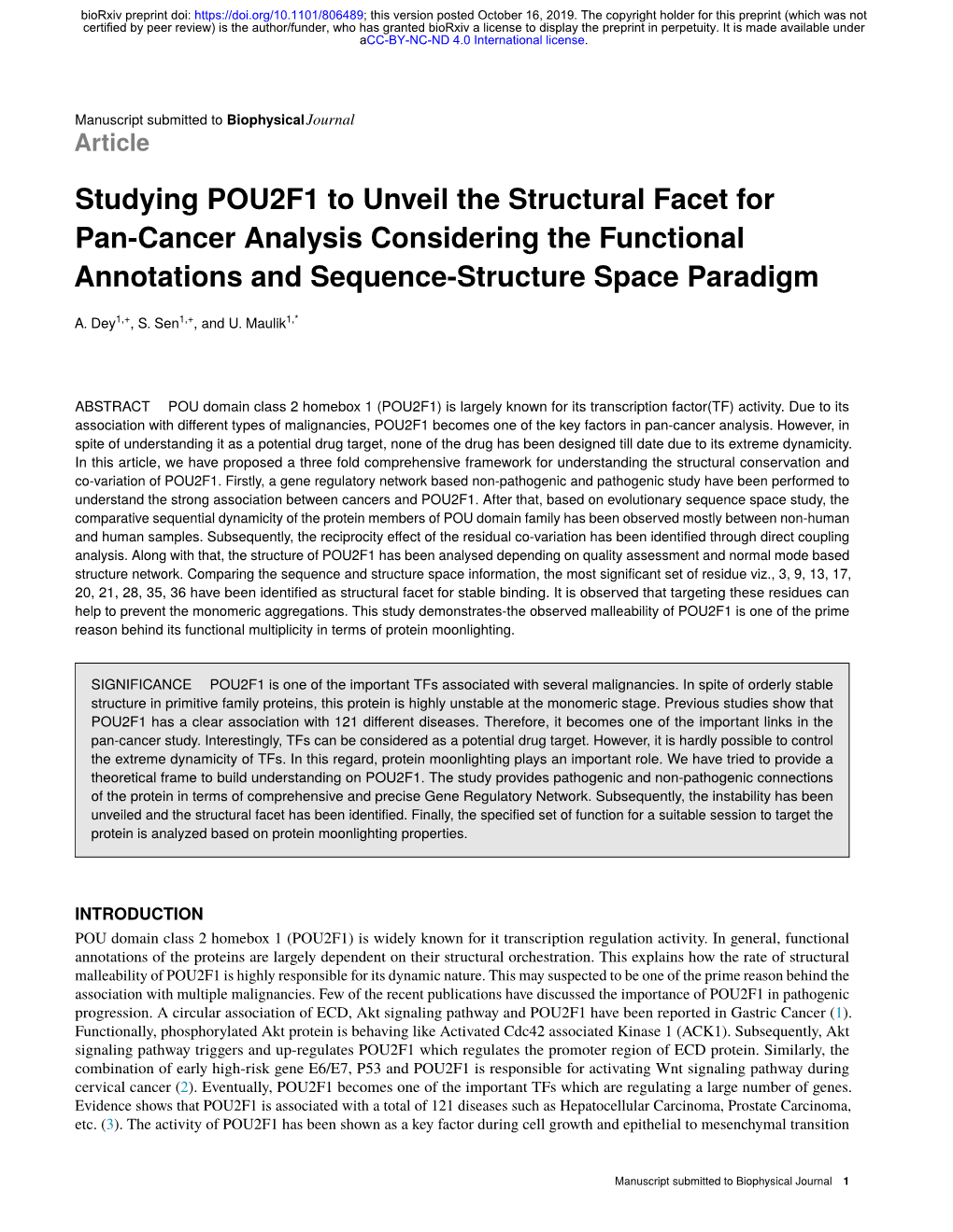 Studying POU2F1 to Unveil the Structural Facet for Pan-Cancer Analysis Considering the Functional Annotations and Sequence-Structure Space Paradigm