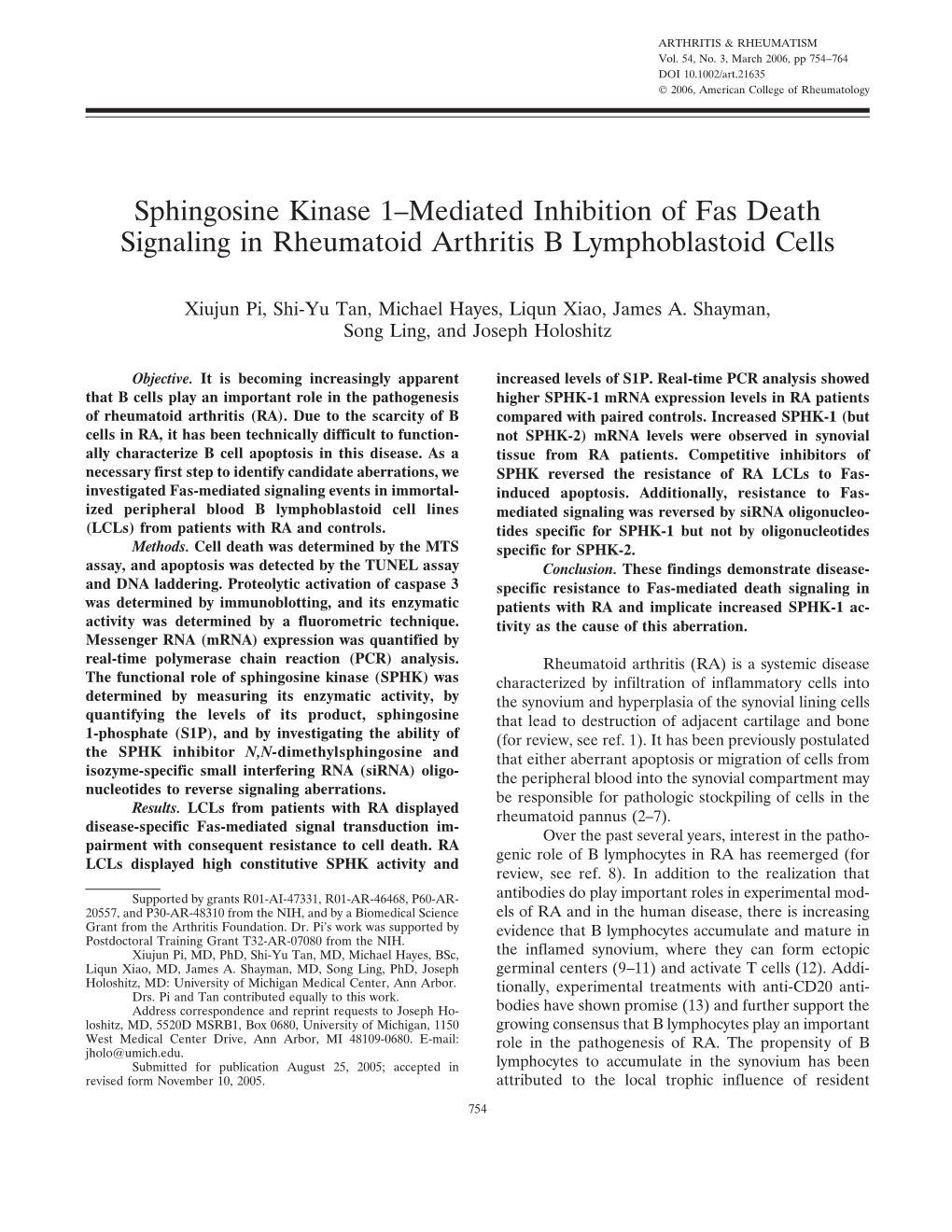 Sphingosine Kinase 1–Mediated Inhibition of Fas Death Signaling in Rheumatoid Arthritis B Lymphoblastoid Cells