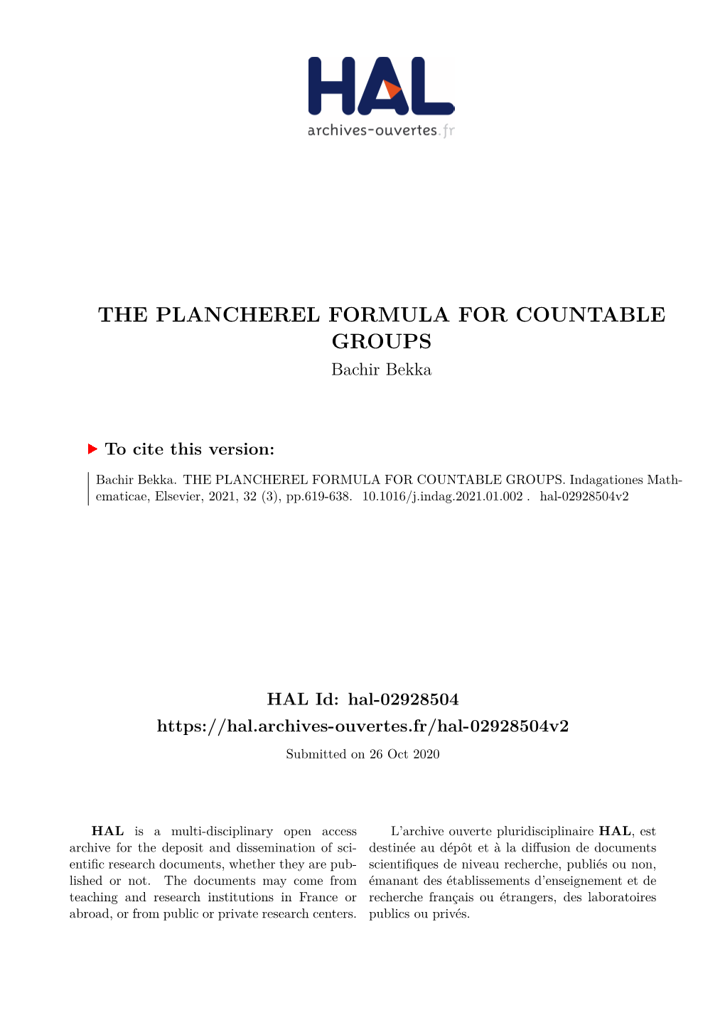 THE PLANCHEREL FORMULA for COUNTABLE GROUPS Bachir Bekka