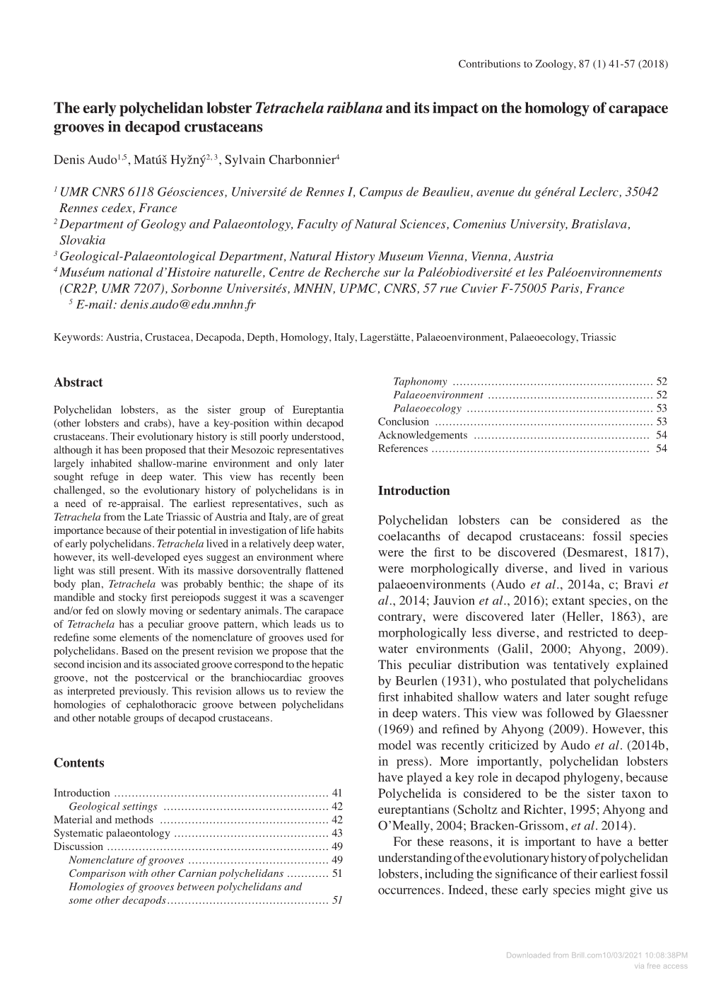 The Early Polychelidan Lobster Tetrachela Raiblana and Its Impact on the Homology of Carapace Grooves in Decapod Crustaceans