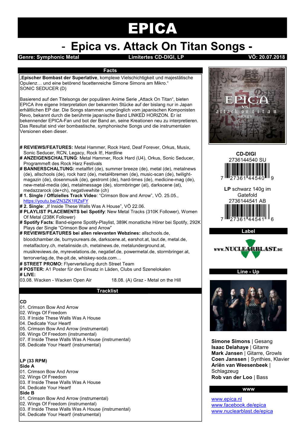 Epica Vs. Attack on Titan Songs - Genre: Symphonic Metal Limitertes CD-DIGI, LP VÖ: 20.07.2018
