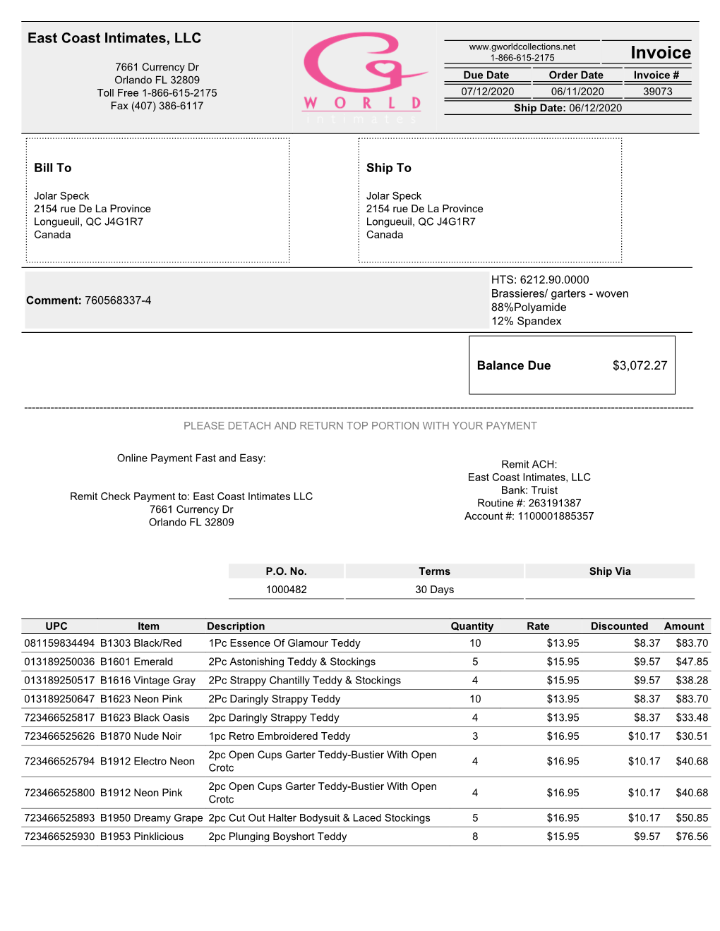 Invoice 7661 Currency Dr Orlando FL 32809 Due Date Order Date Invoice # Toll Free 1-866-615-2175 07/12/2020 06/11/2020 39073 Fax (407) 386-6117 Ship Date: 06/12/2020