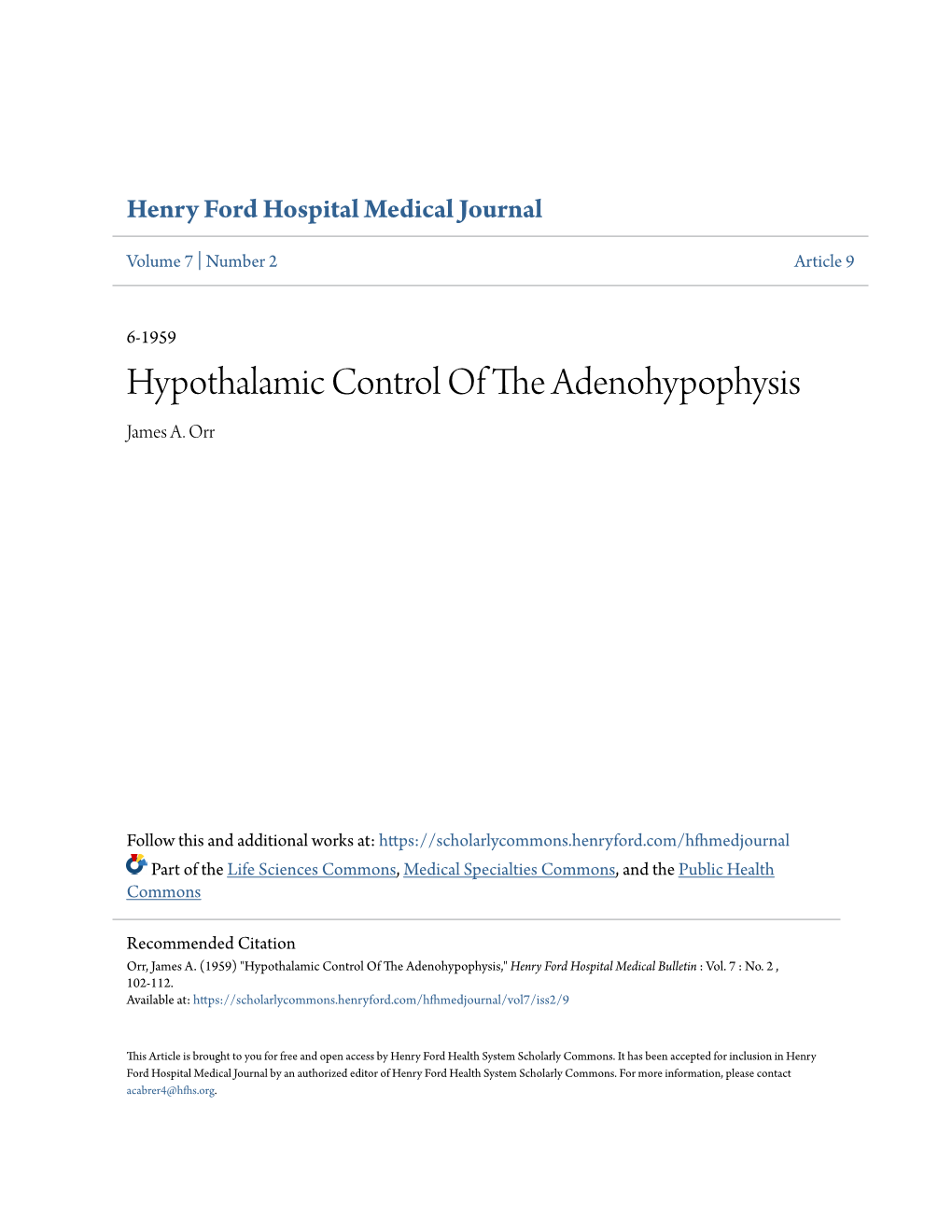 Hypothalamic Control of the Adenohypophysis James A