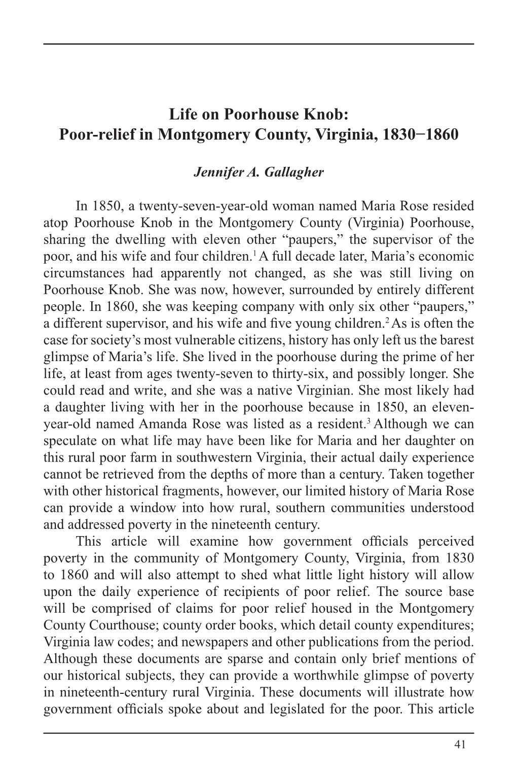 Life on Poorhouse Knob: Poor-Relief in Montgomery County, Virginia, 1830−1860