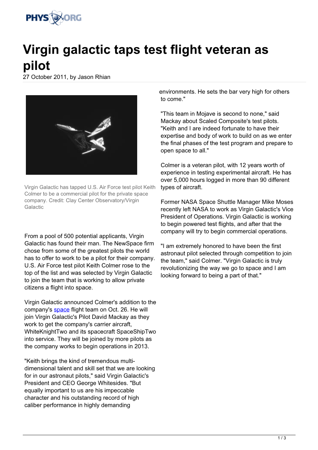 Virgin Galactic Taps Test Flight Veteran As Pilot 27 October 2011, by Jason Rhian