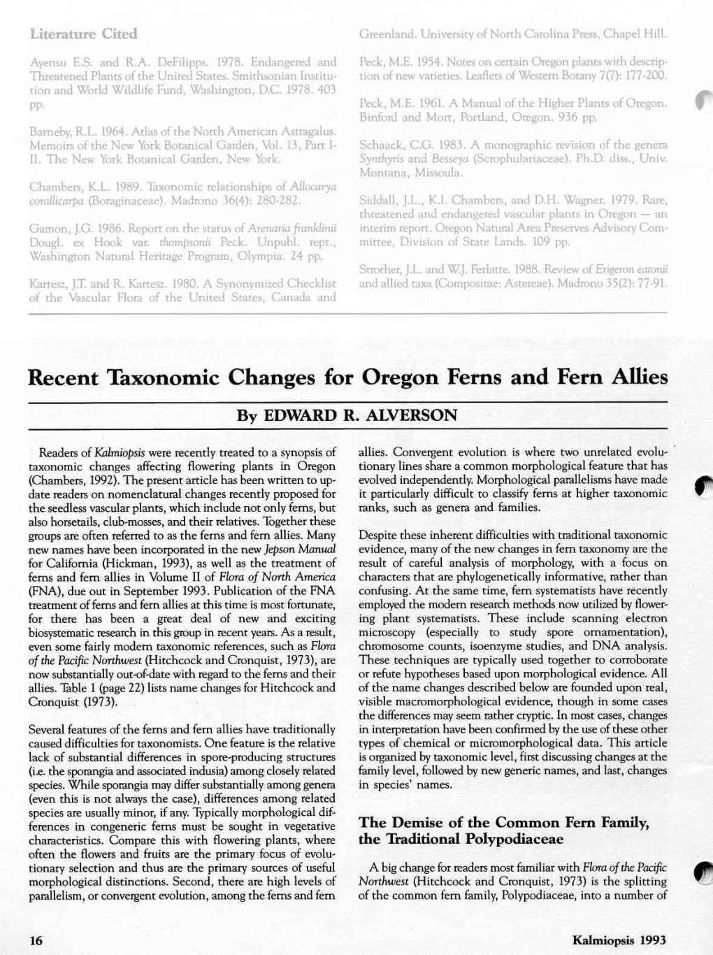 Recent Taxonomic Changes for Oregon Ferns and Fern Allies