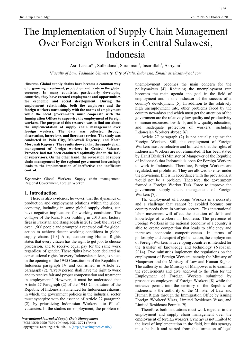 The Implementation of Supply Chain Management Over Foreign Workers in Central Sulawesi