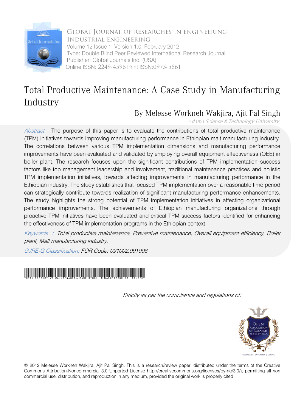 Total Productive Maintenance: a Case Study in Manufacturing Industry