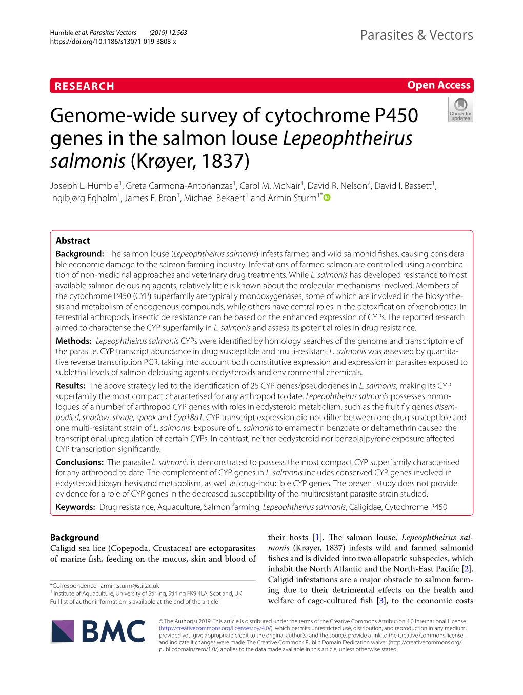 Genome-Wide Survey of Cytochrome P450 Genes in the Salmon Louse