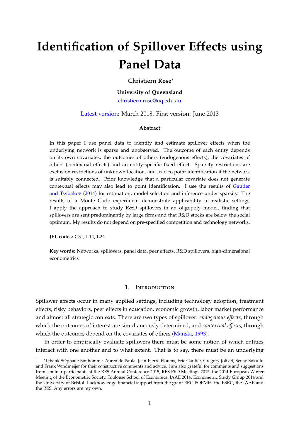 Identification of Spillover Effects Using Panel Data