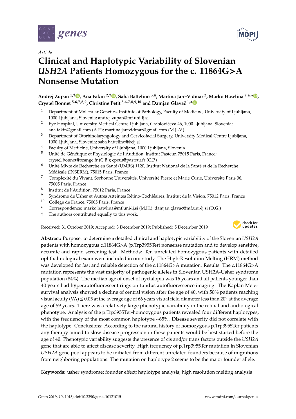 Clinical and Haplotypic Variability of Slovenian USH2A Patients Homozygous for the C