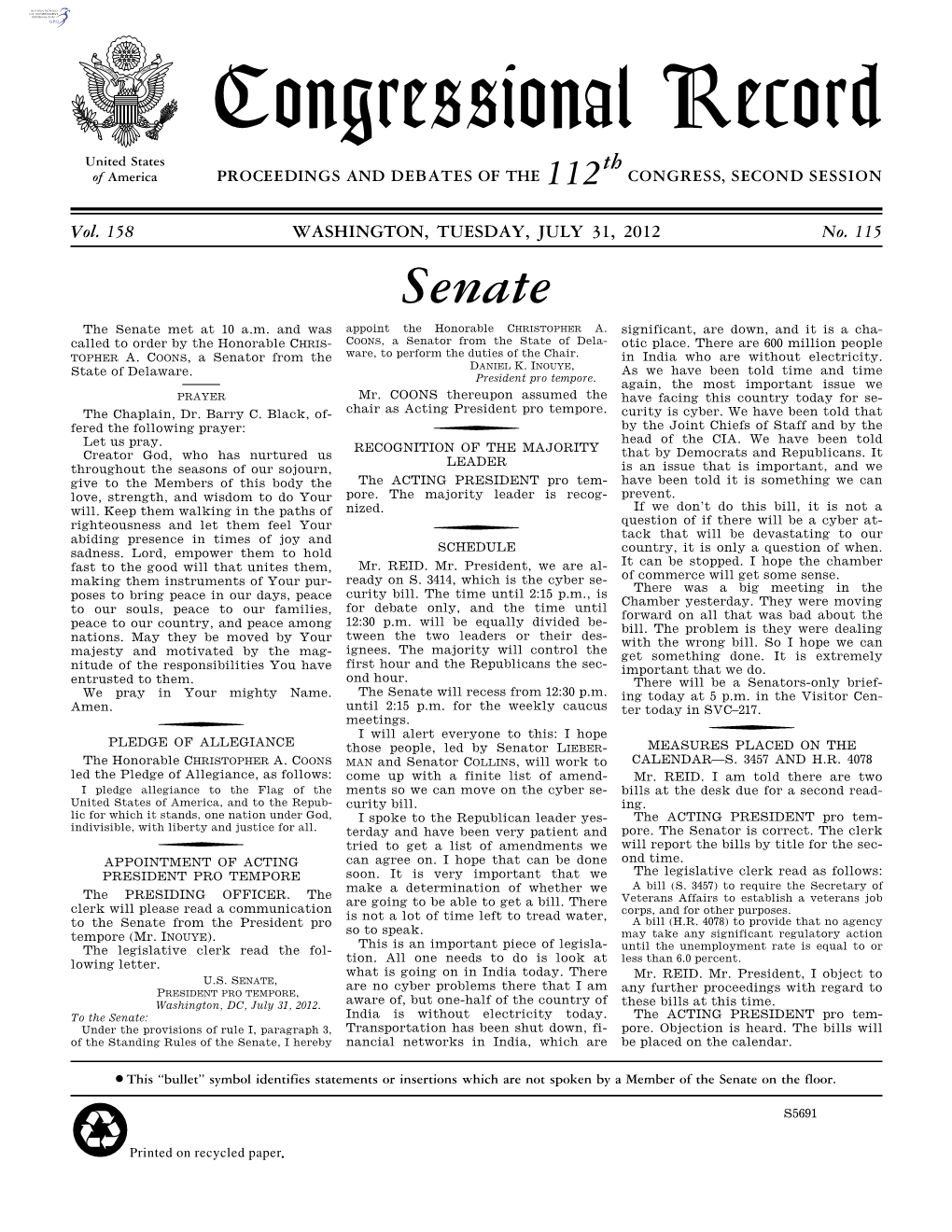 Congressional Record United States Th of America PROCEEDINGS and DEBATES of the 112 CONGRESS, SECOND SESSION