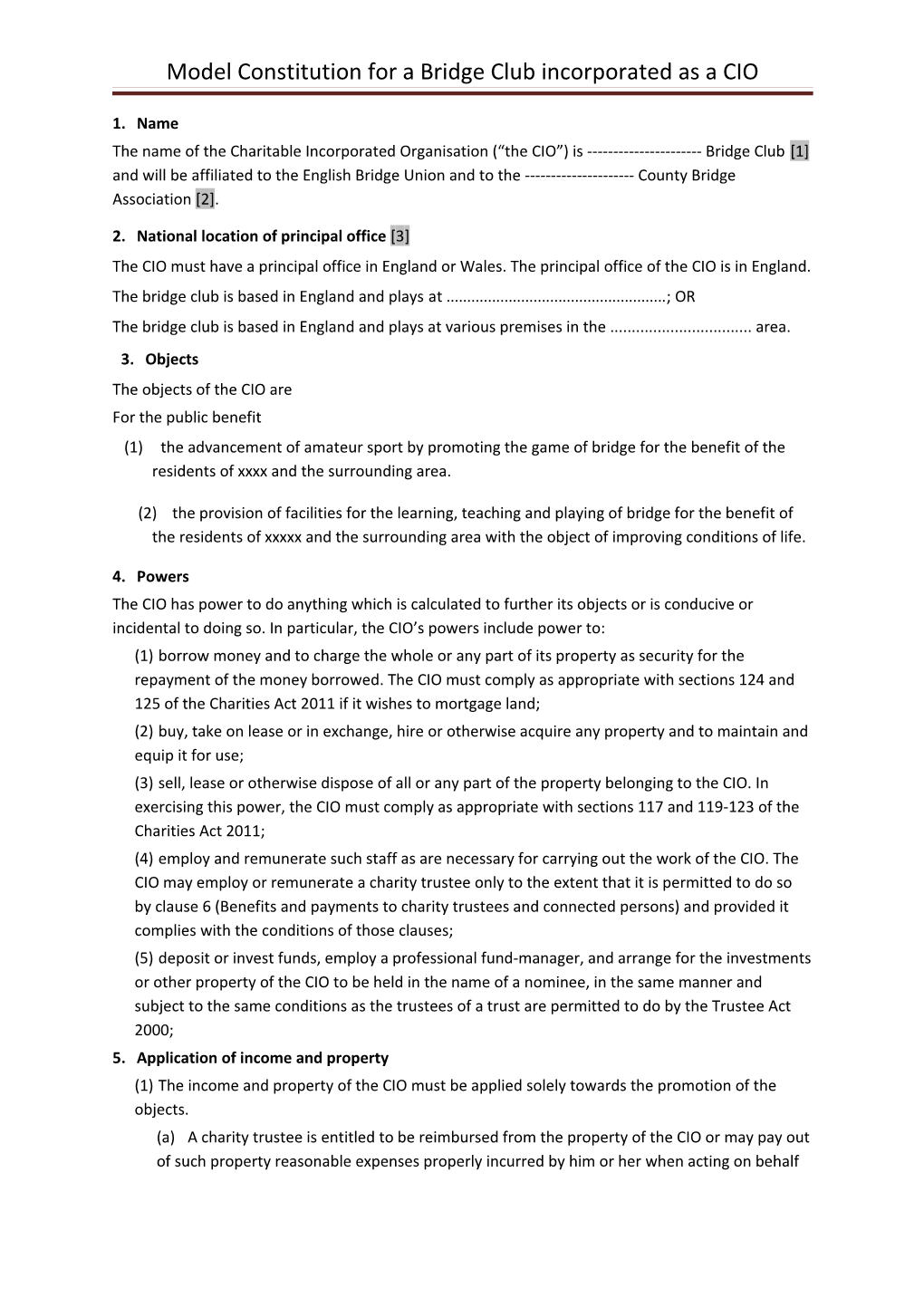 Model Constitution for a Bridge Club Incorporated As a CIO