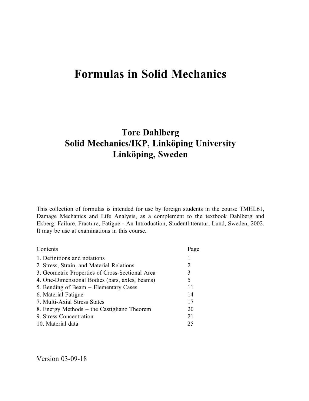 Formulas in Solid Mechanics