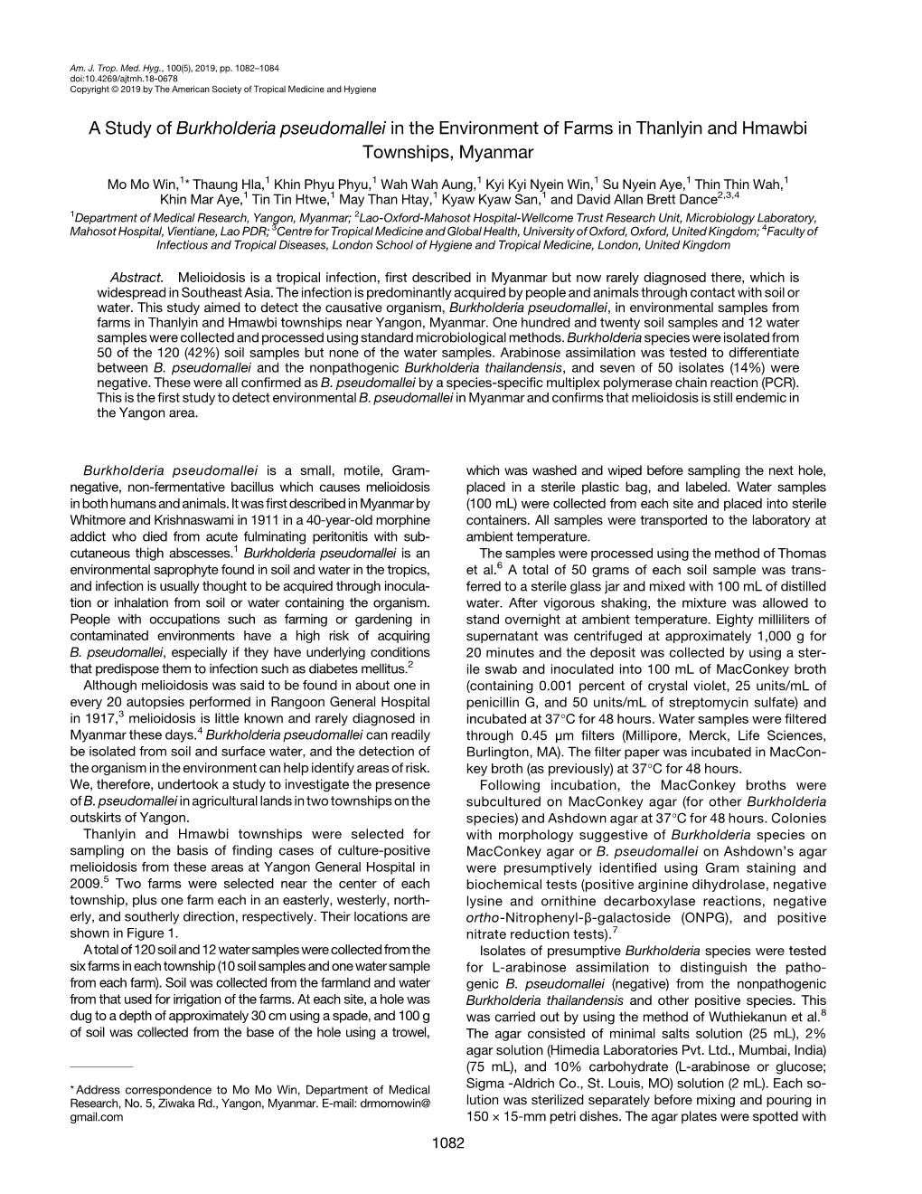 A Study of Burkholderia Pseudomallei in the Environment of Farms in Thanlyin and Hmawbi Townships, Myanmar