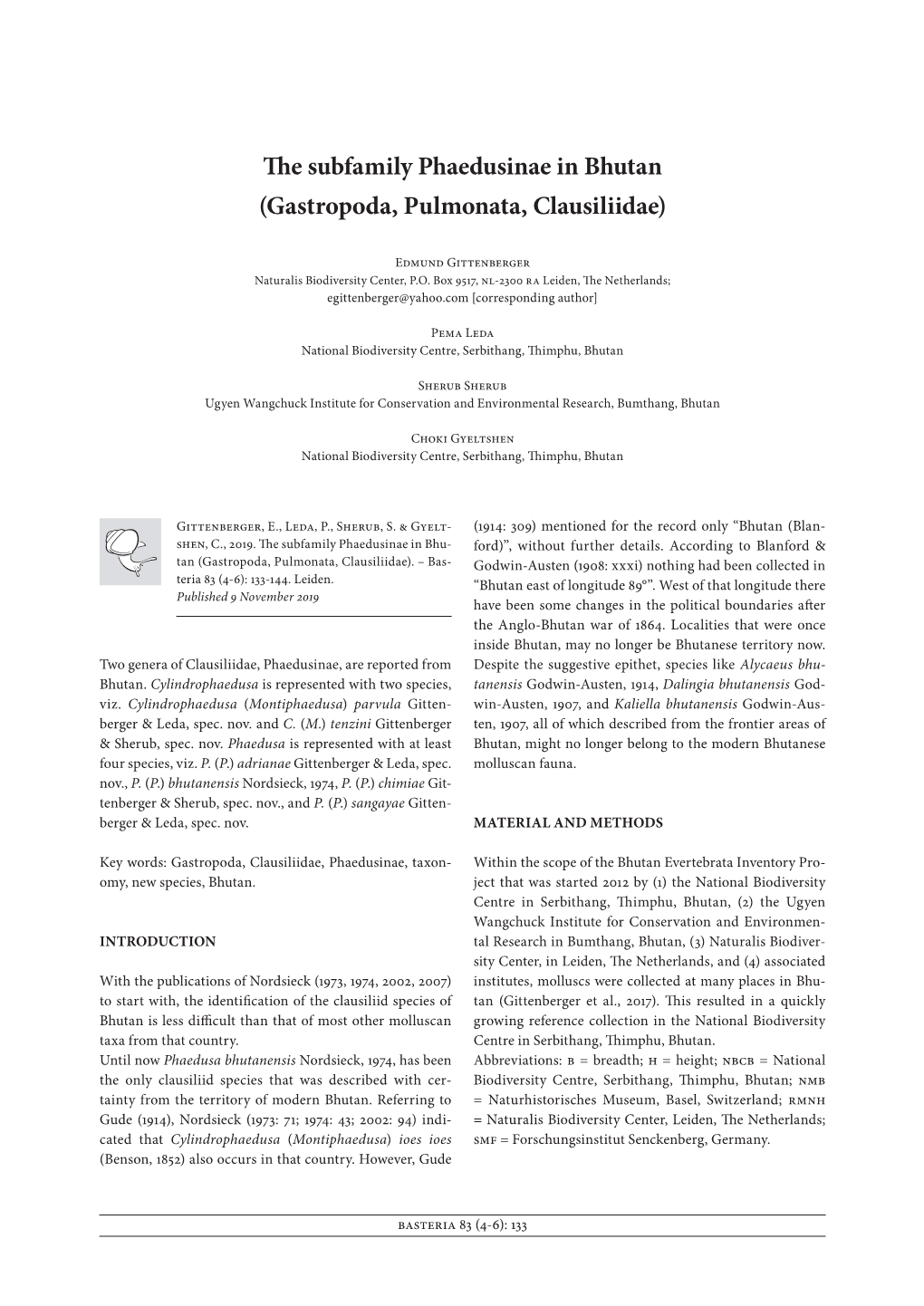 The Subfamily Phaedusinae in Bhutan (Gastropoda, Pulmonata, Clausiliidae)