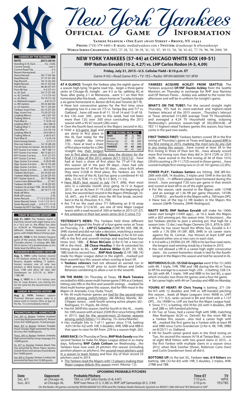 NYY Game Notes 07-31-15 at Chicago-AL.Indd